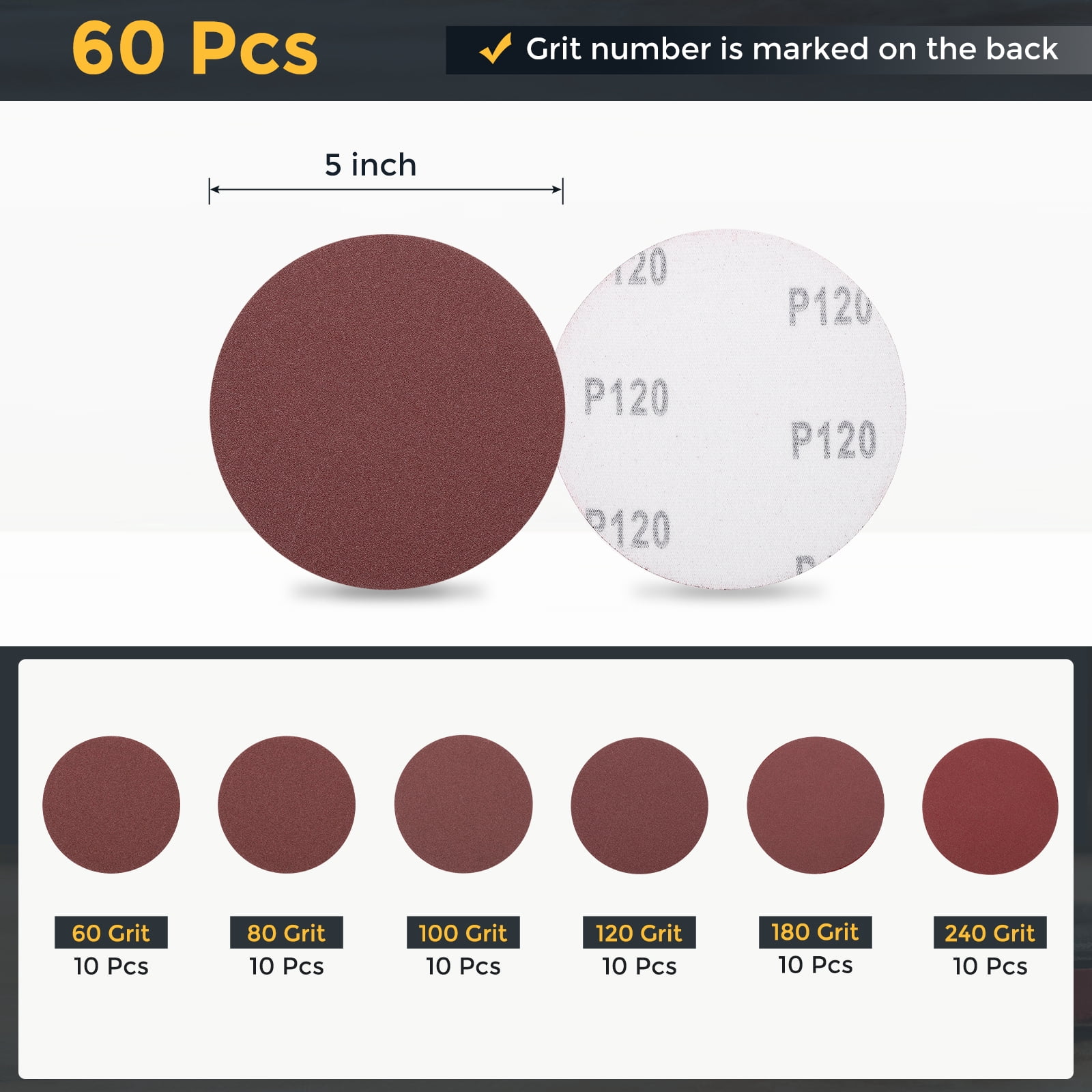 60 Pcs 5 Inch Sanding Disc 60/80/100/120/180/240 Grit Hook and Loop Sandpaper Random Orbital Sander Pads for Woodworking Automotive