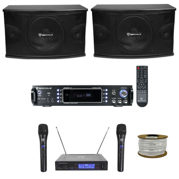 (2) Rockville KPS10 10" 1200w Karaoke/Pro Speakers Bluetooth Amp Wireless Mics   Rockville R14GSBR100 Red/Blk 14 Gauge 100' Ft. Mini Spool Car Audio Speaker Wire