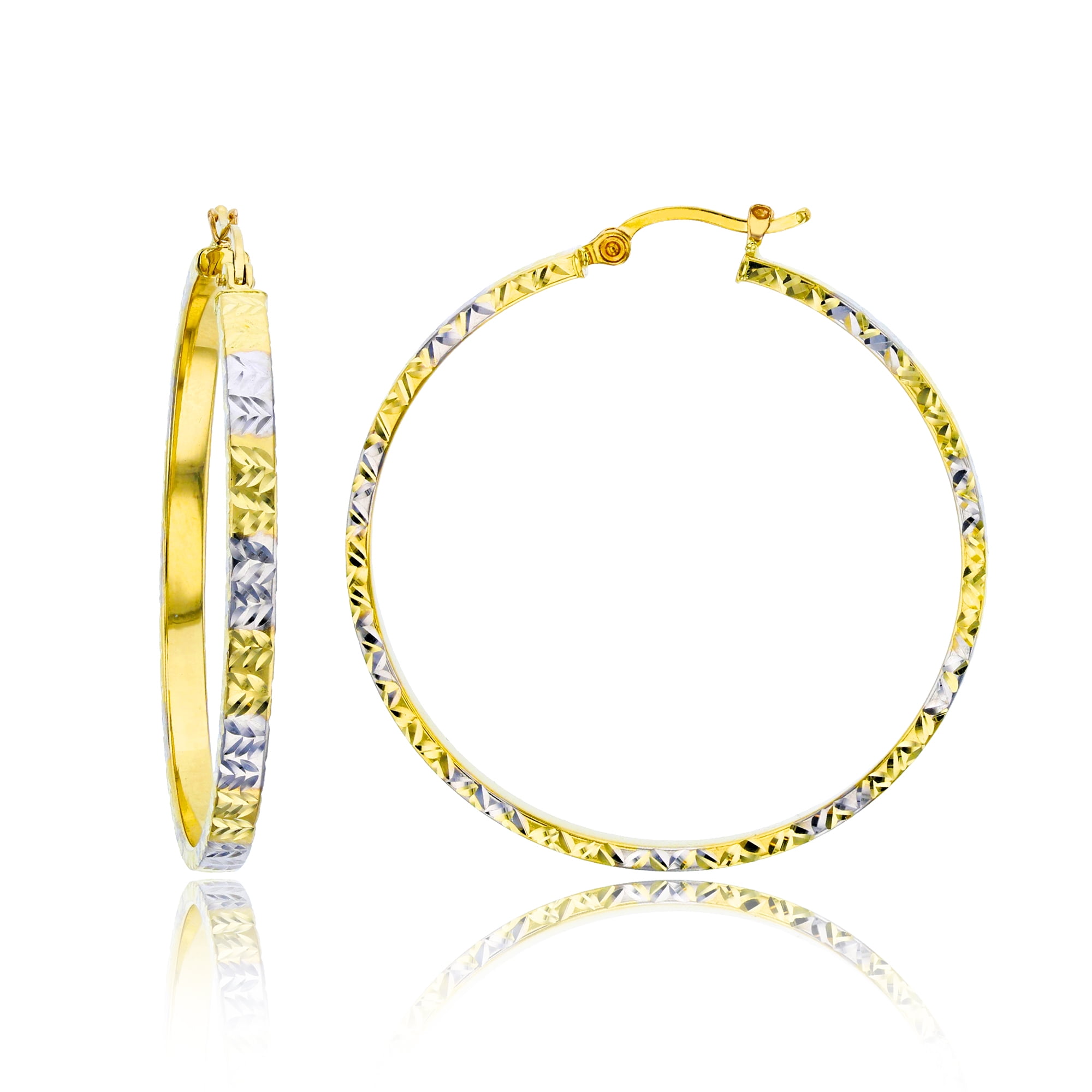 Ladies 14K Solid Yellow Gold Two Tone Diamond Cut Hoop Earrings Ladies 14K Solid Yellow Gold Two Tone Diamond Cut Hoop Earrings