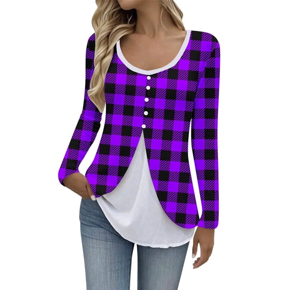 cocolona Womens Plus Size Tops Fall Long Sleeve Fake Two-piece Plaid Shirts Fashion Tunic Tops Dressy Casual Blouses