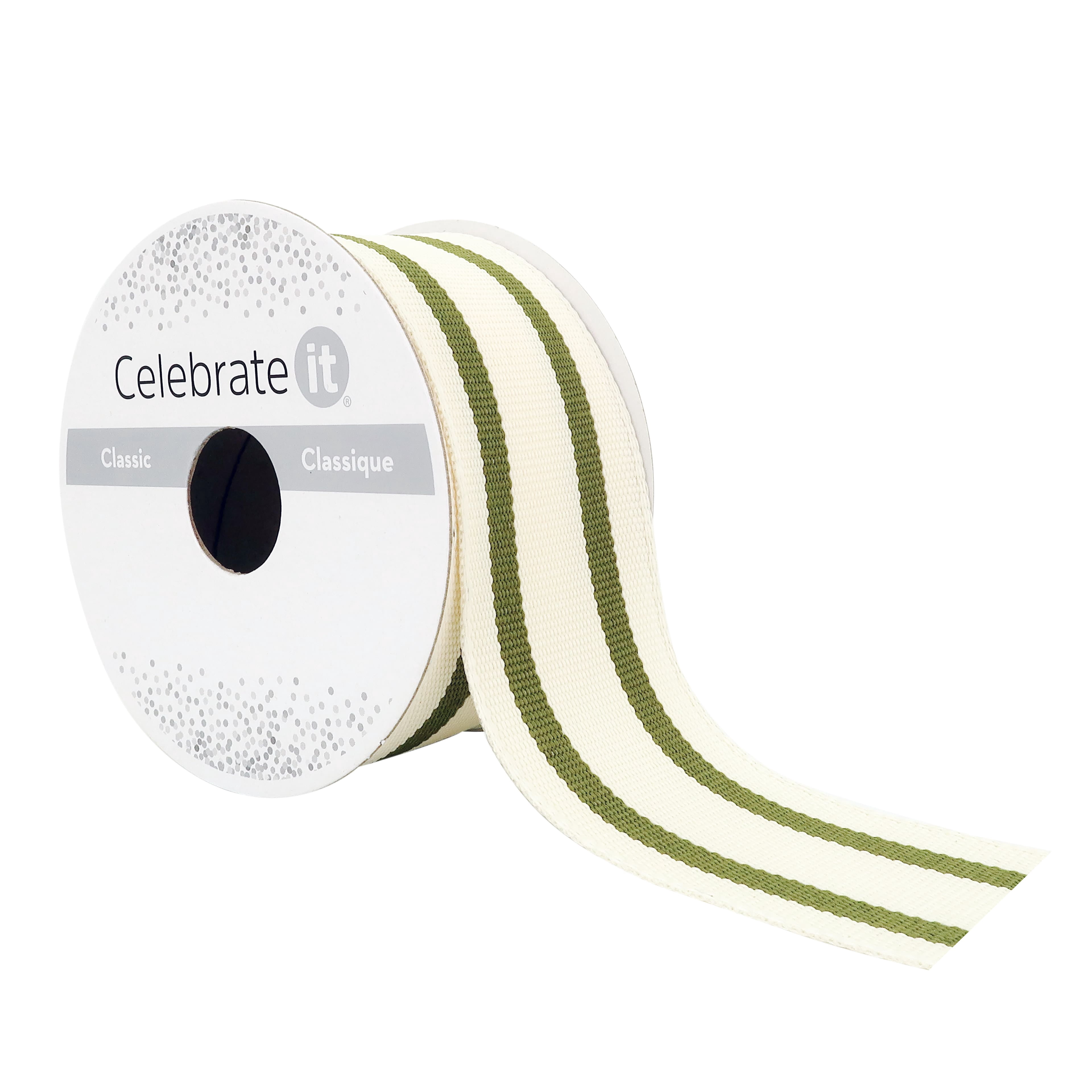 1.5" x 3yd. Olive Wired Ticking Stripe Ribbon by Celebrate It – Woven Selvage Edge - Ideal for Wreaths - Gift Wrapping & Seasonal Decor - 12 Pack