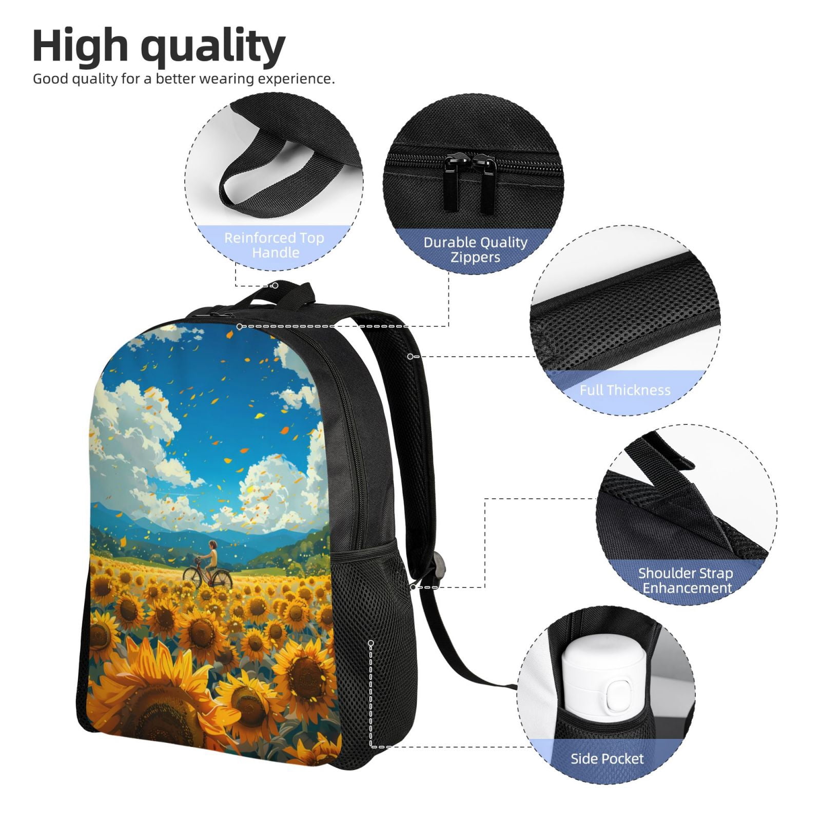 Xecao Field Bicycle Young Sunflower Print School Backpack with Laptop Compartment Small Travel Laptop Backpack for Women Men Waterproof College Backpack Simple School Bag