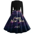 thumbnail image 3 of Women's 2025 New Year's Eve Dress Long Sleeve, Fireworks Print, Elegant A-Line Party Gown with Bow Belt, 3 of 3
