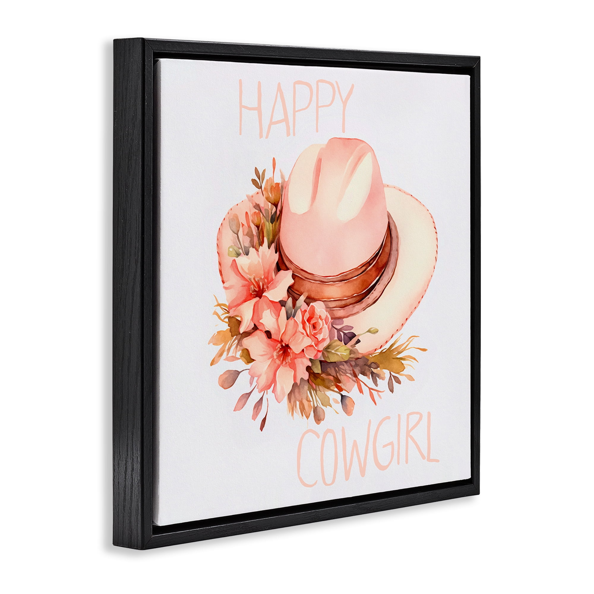 Stupell Industries Happy Cowgirl Floral Hat Plants & Flowers Painting Black Floater Framed Canvas Art Print Wall Art, 18 x 18