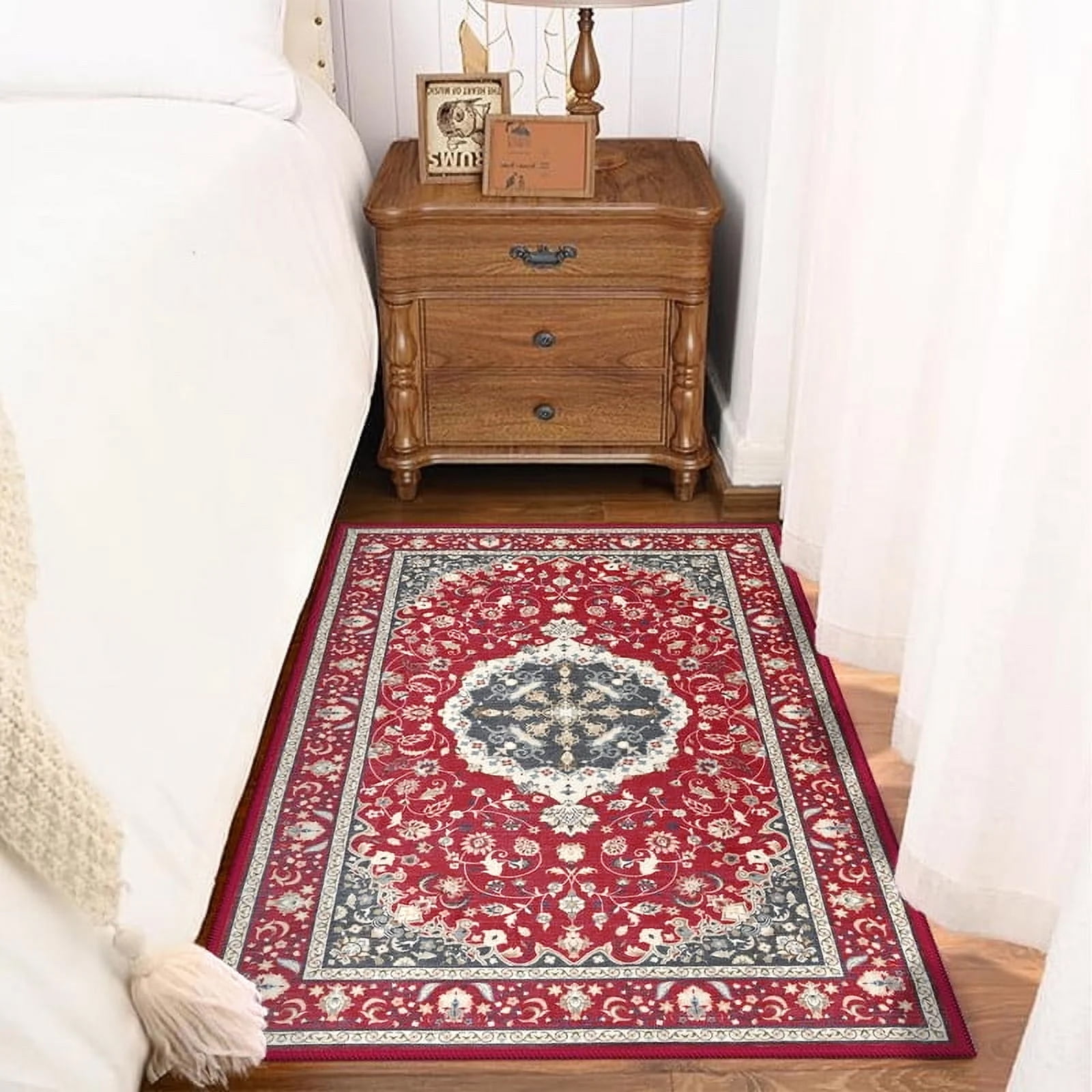 Jamfeel Washable Area Rugs 2x3 Door Mat Entryway Vintage Floral Low Pile Rug Entrance Carpet for Living Room Kitchen, Red
