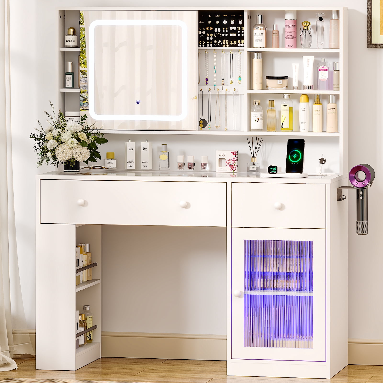 Ktaxon Makeup Vanity with Lighted Mirror,  Vanity Table Set w/ Charging Station, Side Rack, White