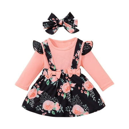 

Juebong Dress Deals Toddler Kids Baby Girls Fashion Cute Long Sleeve Flowers Pattern Romper Strap Skirt Bow Headdress Suit