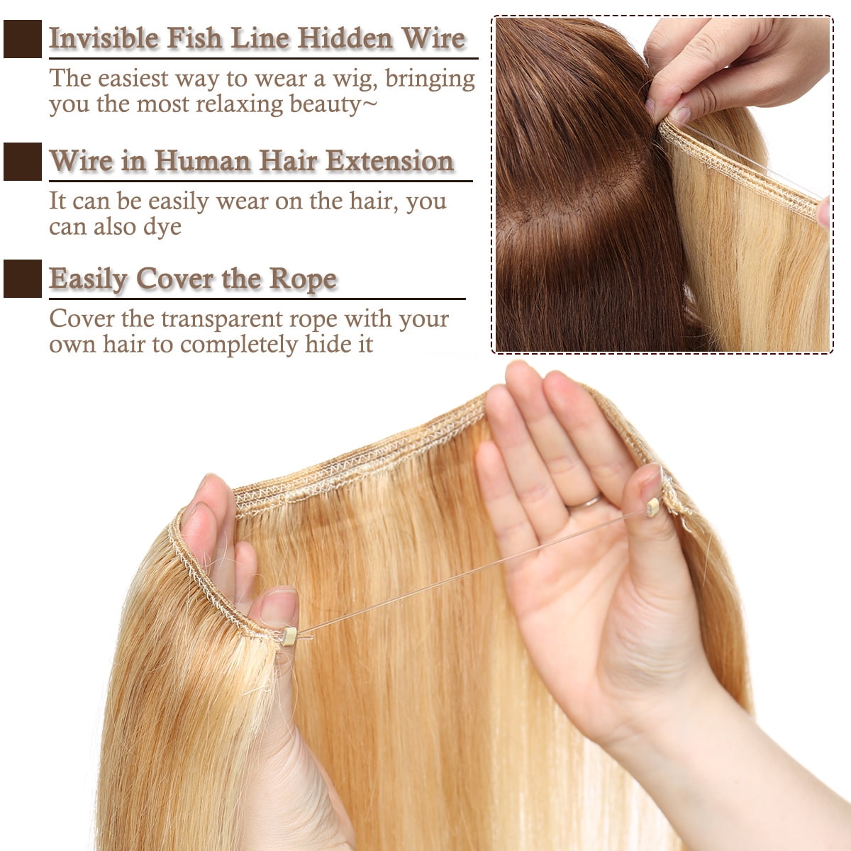 SEGO Wire in Human Hair Extensions Hidden Hair Extensions with Invisible Band Translucent Fish Line Hairpiece without Clip