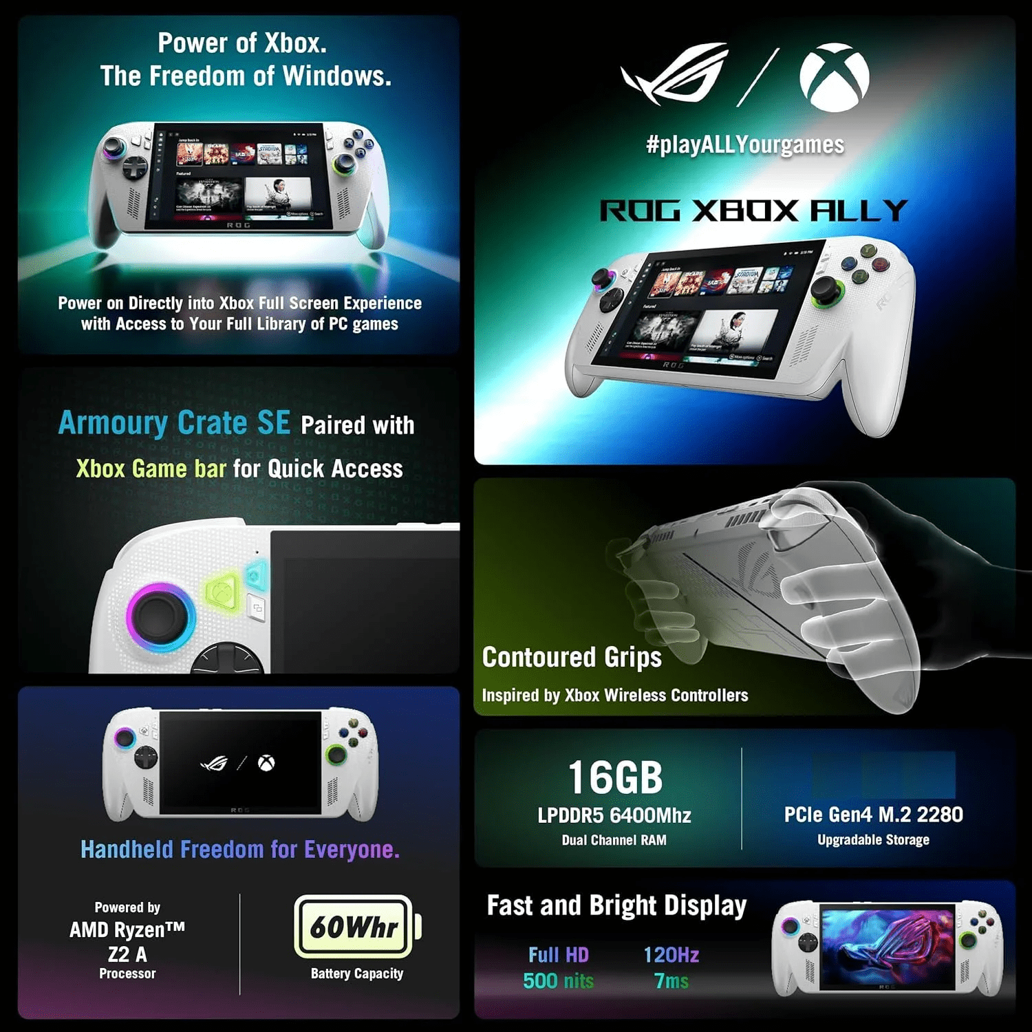 ASUS ROG XBOX Ally 512GB SSD AMD Ryzen Z2 A CPU Handheld Gaming Console 7-inch Touchscreen 120Hz, CyberEZQ 8 in 1 USB C Hub, 64GB MicroSD Card, 4 Accessories: 5 in 1 Bundle