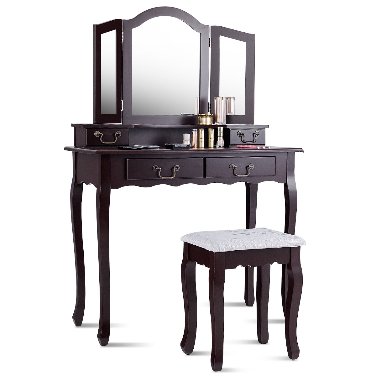 Topbuy 2 In 1 Vanity Table Set W Tri Fold Mirror Drawers Andpadded Stool