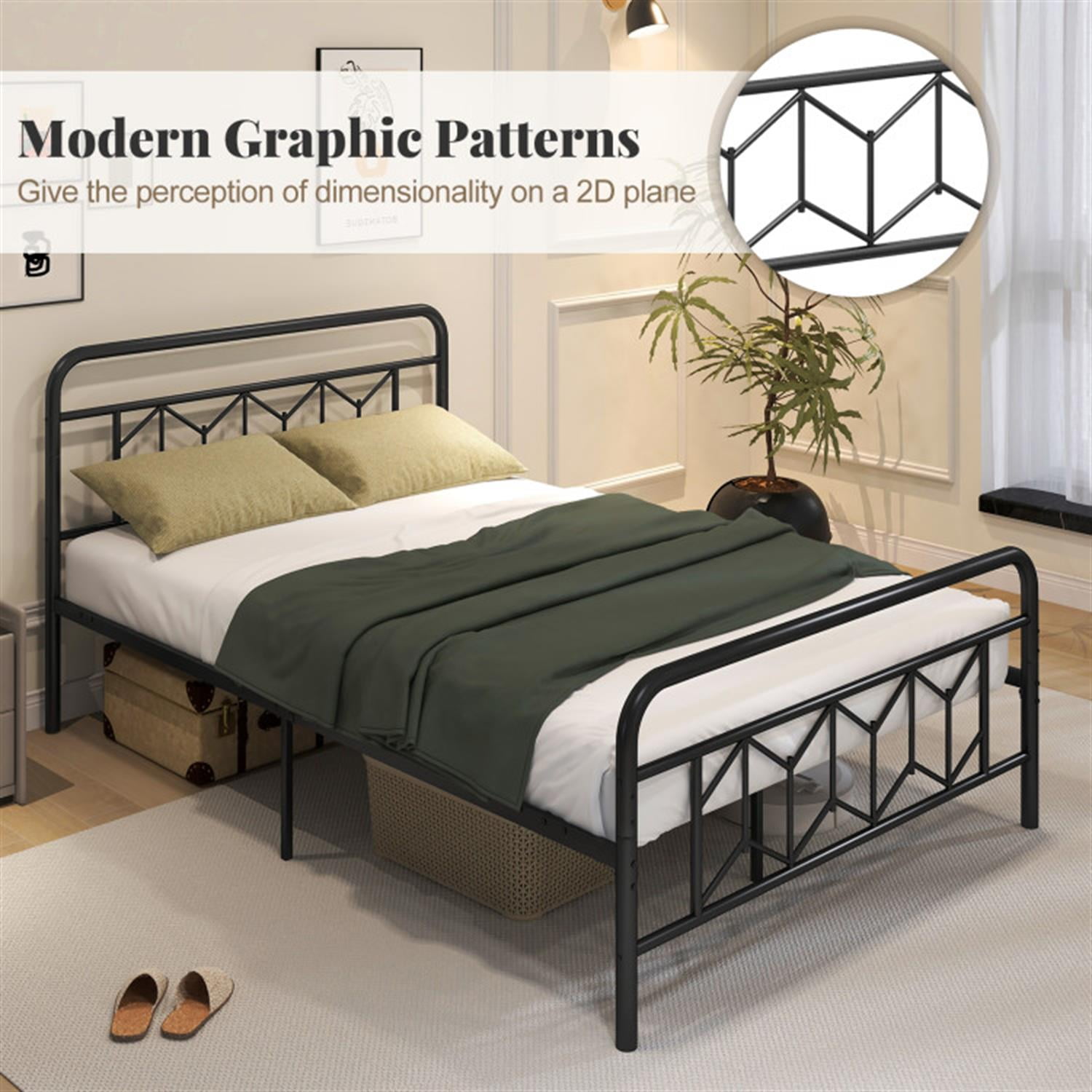 Demi Bonn Full Size Bed Frame with High Headboard and Snap Lock Metal Slats, Platform Bed Frame with Under Bed Storage, No Box Spring Needed, Black