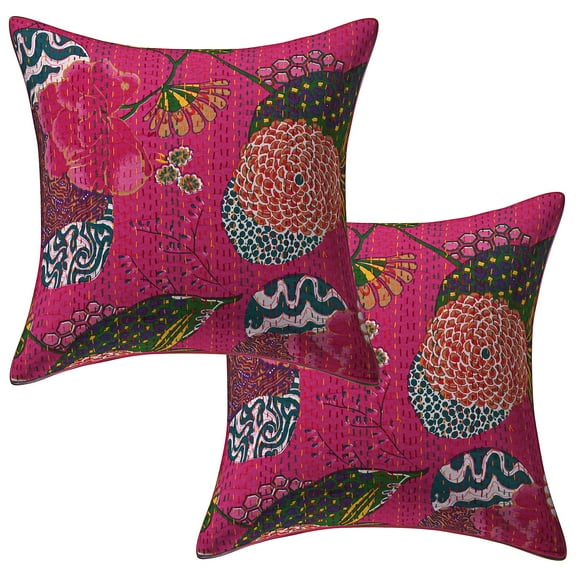 Stylo Culture Ethnic Decorative Throw Pillow Covers 16x16 Kantha Dark Pink Printed 40x40 cm Home Decor Accent Pillowcase Cotton Tropicana Square Cushion Covers | Set Of 2