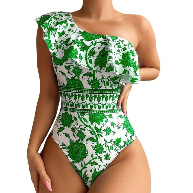Womens Bikini Swimsuits Ruffled Off Shoulder Print Conservative and Slimming Women's Swimwear Green