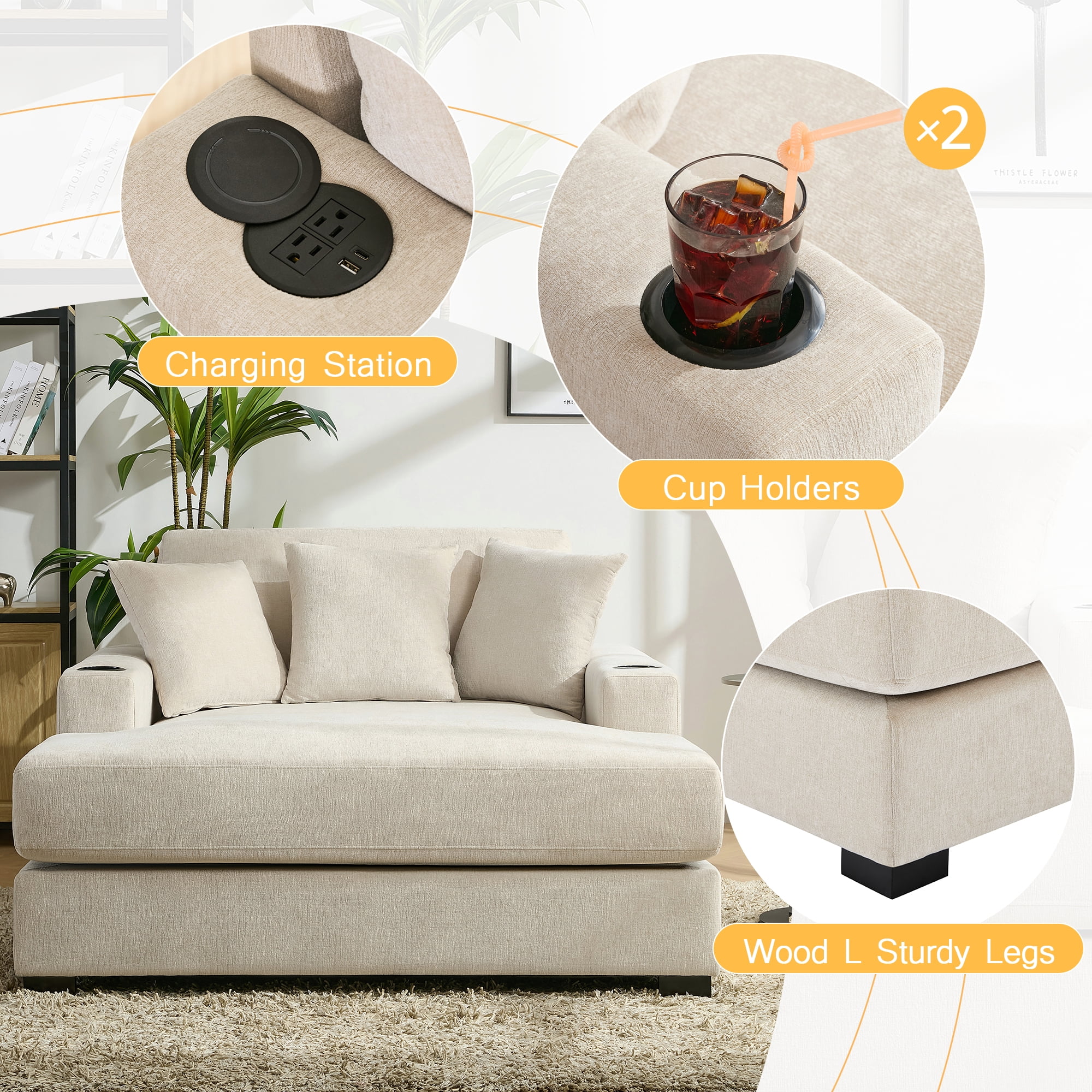 Euroco 55" Oversized Chaise Lounger Modern Style Sofa Couch ,with Pillows, Charge Station & Cup Holders, Chenille Fabric, Cream