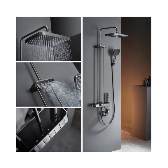 Thermostatic Shower System Digital Display Shower Faucet Set Wall Mount Piano Keys Rain Shower Combo Set with Handheld, 12" Shower Head, Shoulder Spray, 2 in 1 Bidet Spray, Tub Spout (Gray)