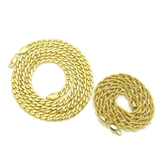 Hip-Hop Style Rapper's 6mm 24" Rope Chain & 7mm 30" Cuban Chain Necklace Set in Gold-Tone