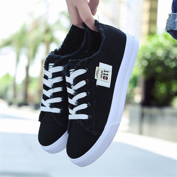 Denim Sneakers Women, Women's Casual Denim Sneakers Classic Frayed Edge Lace Up Canvas Shoes, Fashion Low Top Comfortable Walking Flats, Lightweight Outdoor Breathable Tennis Board Shoes, Black 5