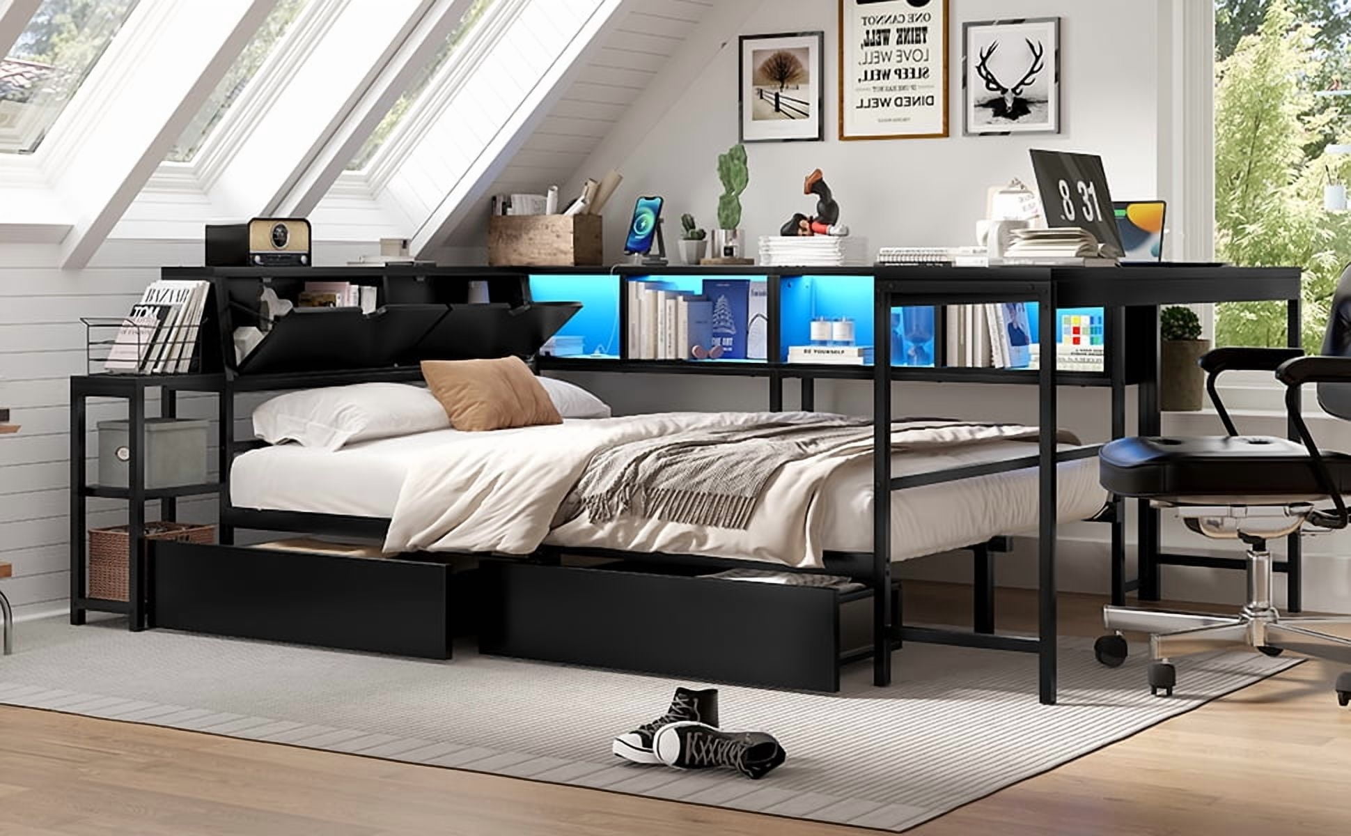 Mintazer Full Corner Bed Frame with Desk & Bookcase Headboard, Platform Bed Frame with LED Lights & Charging Station and 2 Drawers for Bedroom Living Room, Black