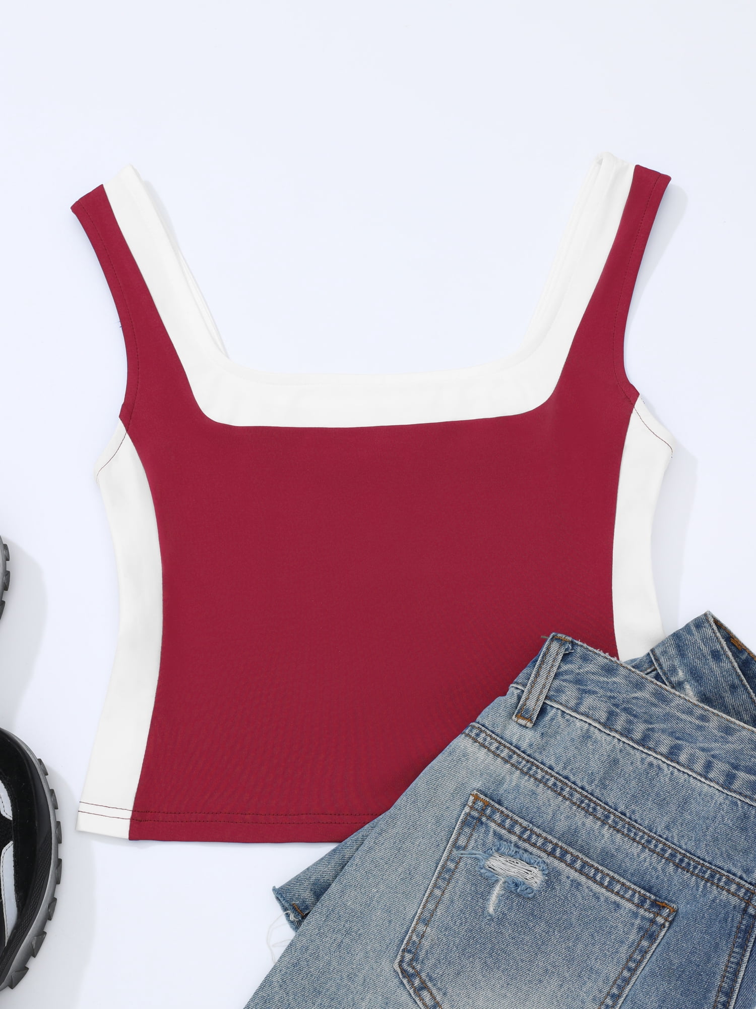 DARING DIVA Women's Crop Square Neck Slim Fitted Color Block Yoga Shirts S Wine Red