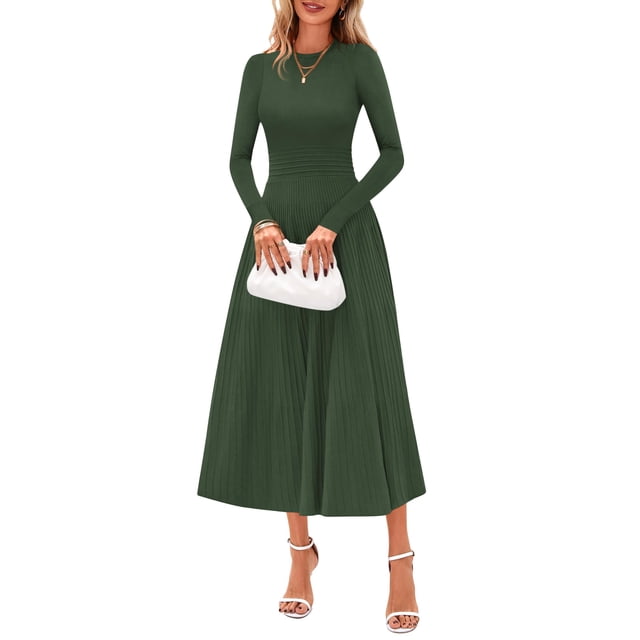 Vestido PRETTYGARDEN 2025 Suéter Midi de Manga Larga Verde Ejército XXL