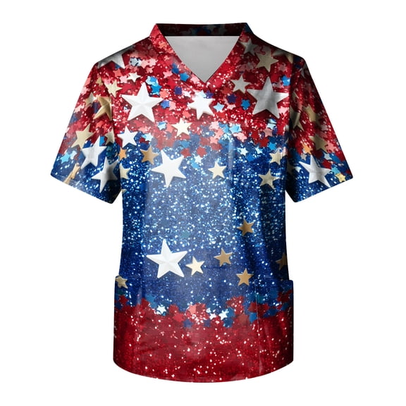 1776-2026 250th Anniversary USA Scrubs for Men 4th of July V-Neck Tunic Nursing Scrub Top with Chest Pocket, Tuckable Durable Fabric 02-Red S