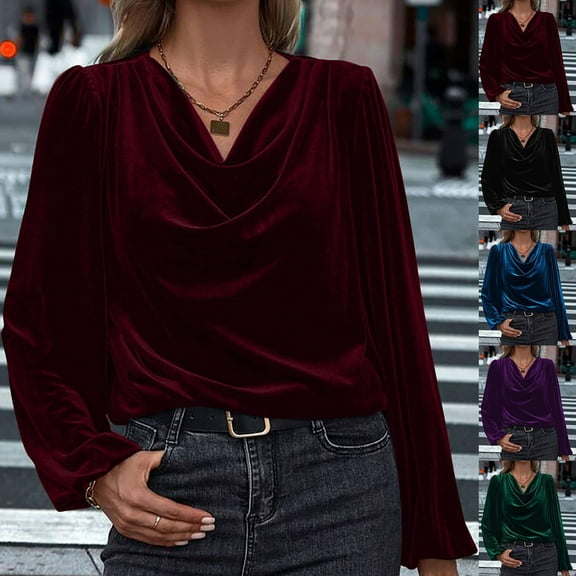 JURANMO Women Elegant Velvet Tops Cowl Neck Drape Ruched Long Sleeve Shirts Dressy Casual Blouse Fashion Fall T Shirt Green L
