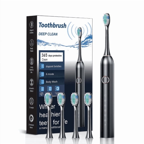 Electric Toothbrush for Adults with 4 Brush Heads, 180 Days Battery Life, Rechargeable, IPX7 Waterproof, 6 Modes, 42000 VPM, 2-Minute Smart Timer, Black Storage Case