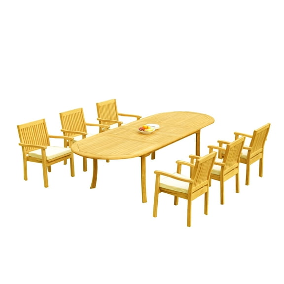 Grade-A Teak Dining Set: 6 Seater 7 Pc: 118" Oval Table And 6 Leveb Stacking Arm Chairs Outdoor Patio WholesaleTeak #51LV2607