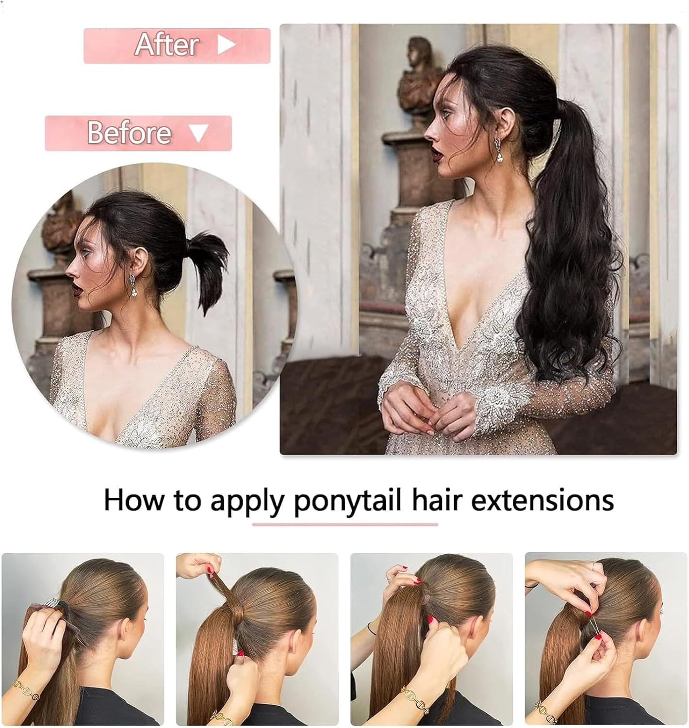 Aorsher Clip in Ponytail Extension, 24 Inch Long Curly Wavy Black Ponytail Natural Wavy Synthetic Hairpiece Pony Tails Hair Extension for Women Daily Use