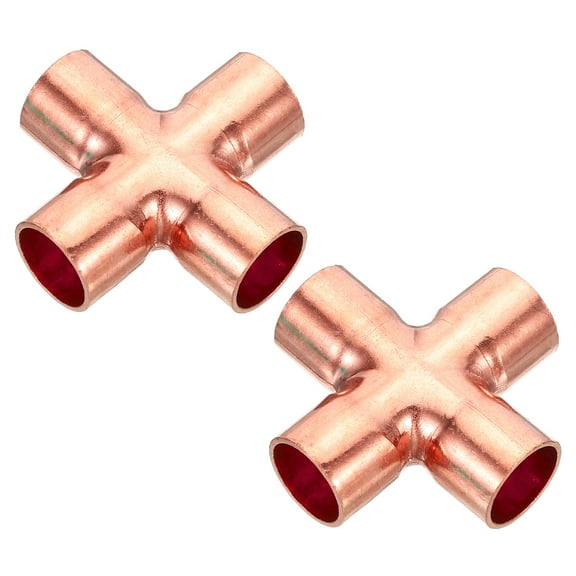 Uxcell 15mm ID Copper Cross Pipe Fitting 4 Way Copper End Feed Equal Connector for Plumbing Air Conditioning 2 Pack