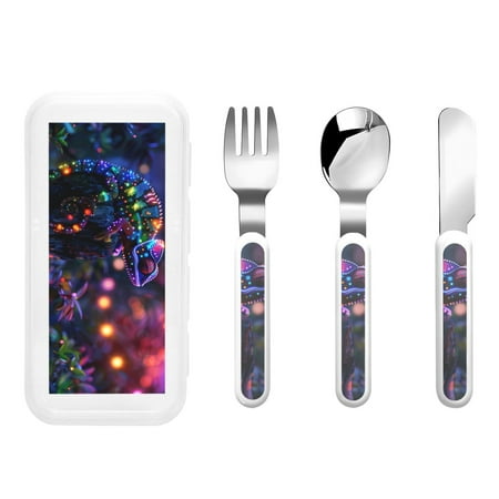 

Balery Glowing Chameleon Fantasy Art for Stainless Steel Kids Silverware Set - Child and Toddler Safe Flatware - Children s Knife Fork And Spoon Set - Metal Kids Cutlery Set