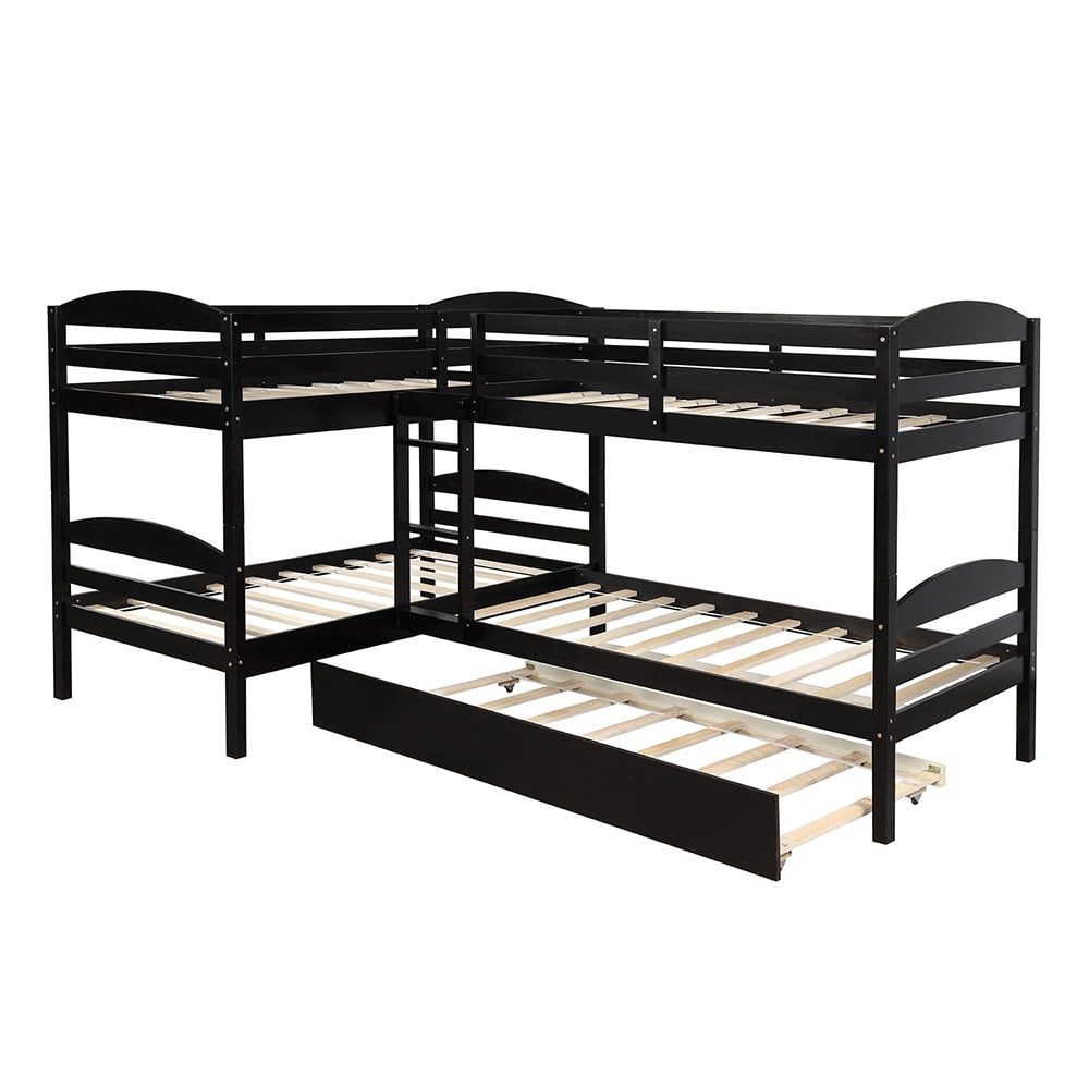 Twin Over Twin Bunk Beds with Trundle, L-Shaped Loft Bed with Guard for Teens Bedroom, Espresso Twin Over Twin Bunk Beds with Trundle, L-Shaped Loft Bed with Guard for Teens Bedroom, Espresso