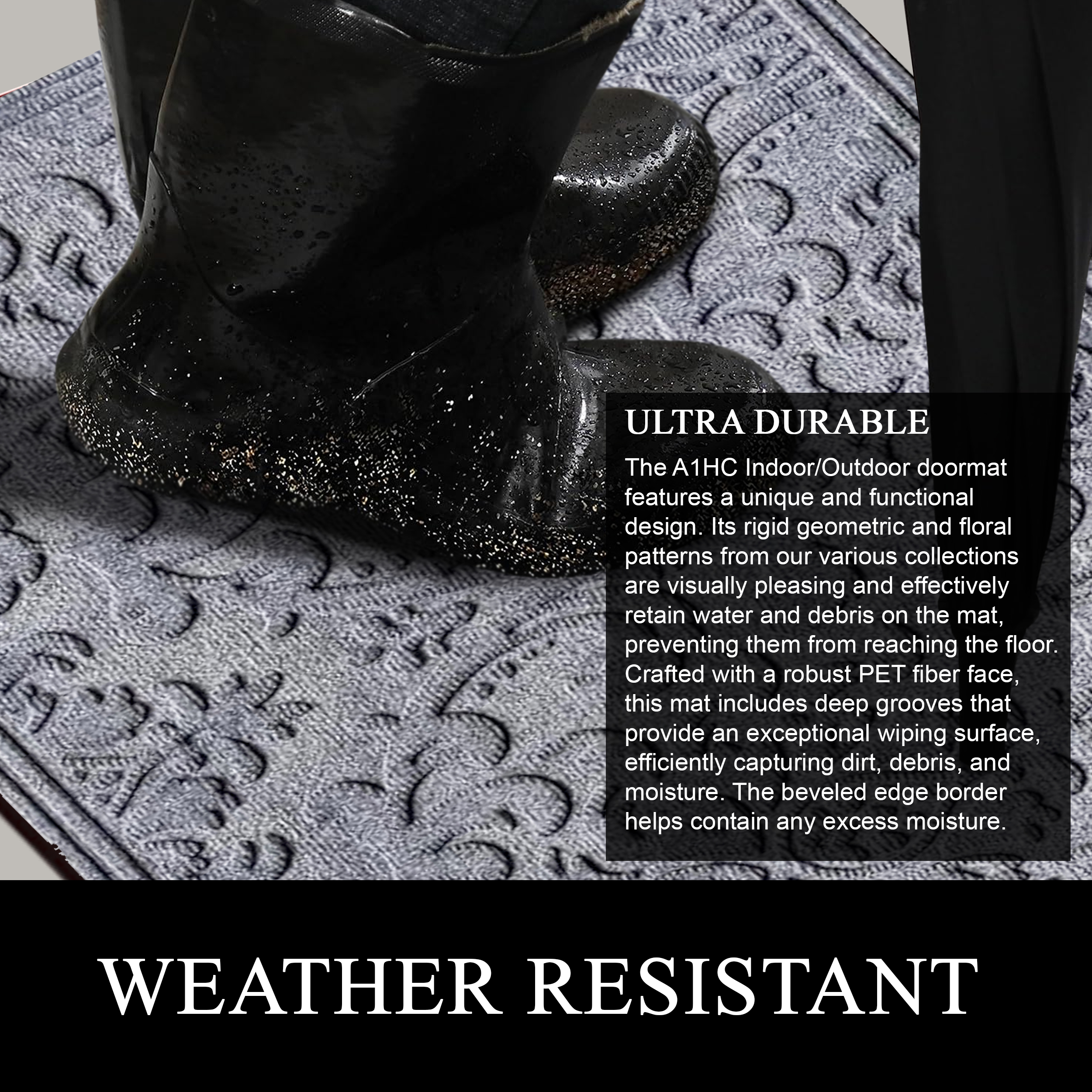 A1HC All Weather Dirt and Moisture Absorbing Polypropylene(PP) Door Mat with Tire Crumb Rubber Backing, Indoor Outdoor Use, Light Grey, 24x36 Inch