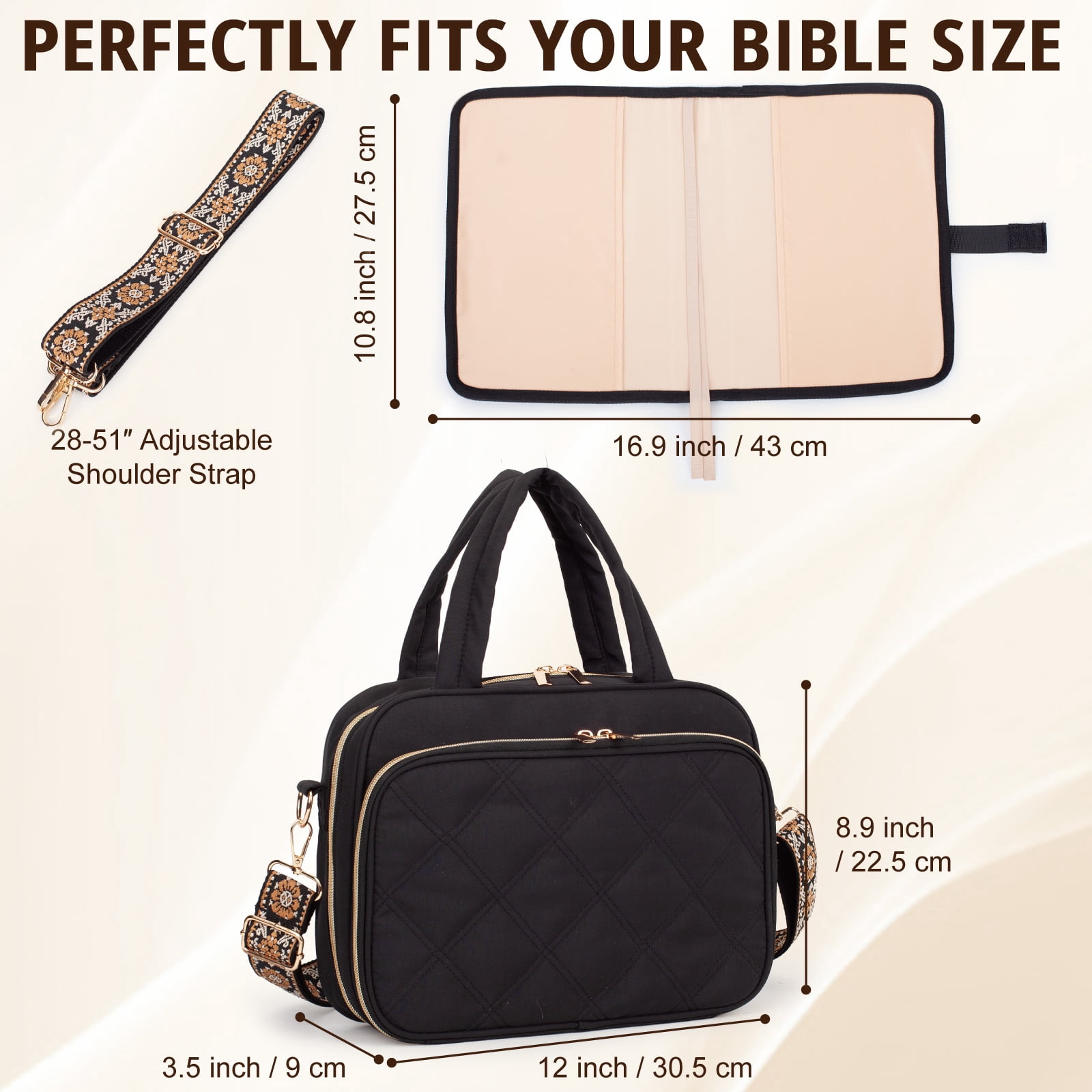 Bible Cover for Women, 2 Layers, Large Bible Carrying Case with Handles Shoulder Strap, Soft Puffy Quilted Bible Bag with Book Cover Organizer, Bible Tote for Church Study Supplies Accessories
