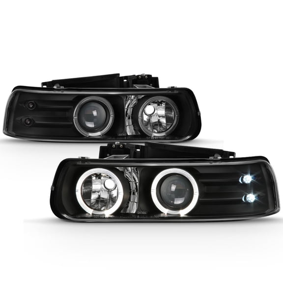 AKKON - For 99 00 01 02 Chevy Silverado Suburban Tahoe Black Ring Projector LED Headlights Pair Left Right Replacement