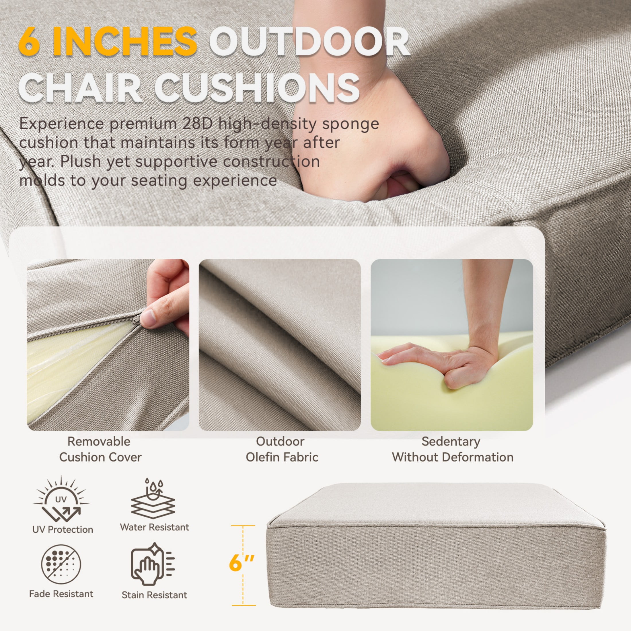 Unnifurnzi Patio Chair Cushions-22 x 24 x 6 Inch Outdoor Furniture Cushion with Water Resistant & Removable Cover Outdoor Chair Cushion for Outdoor Furniture Sofa Couch-Beige