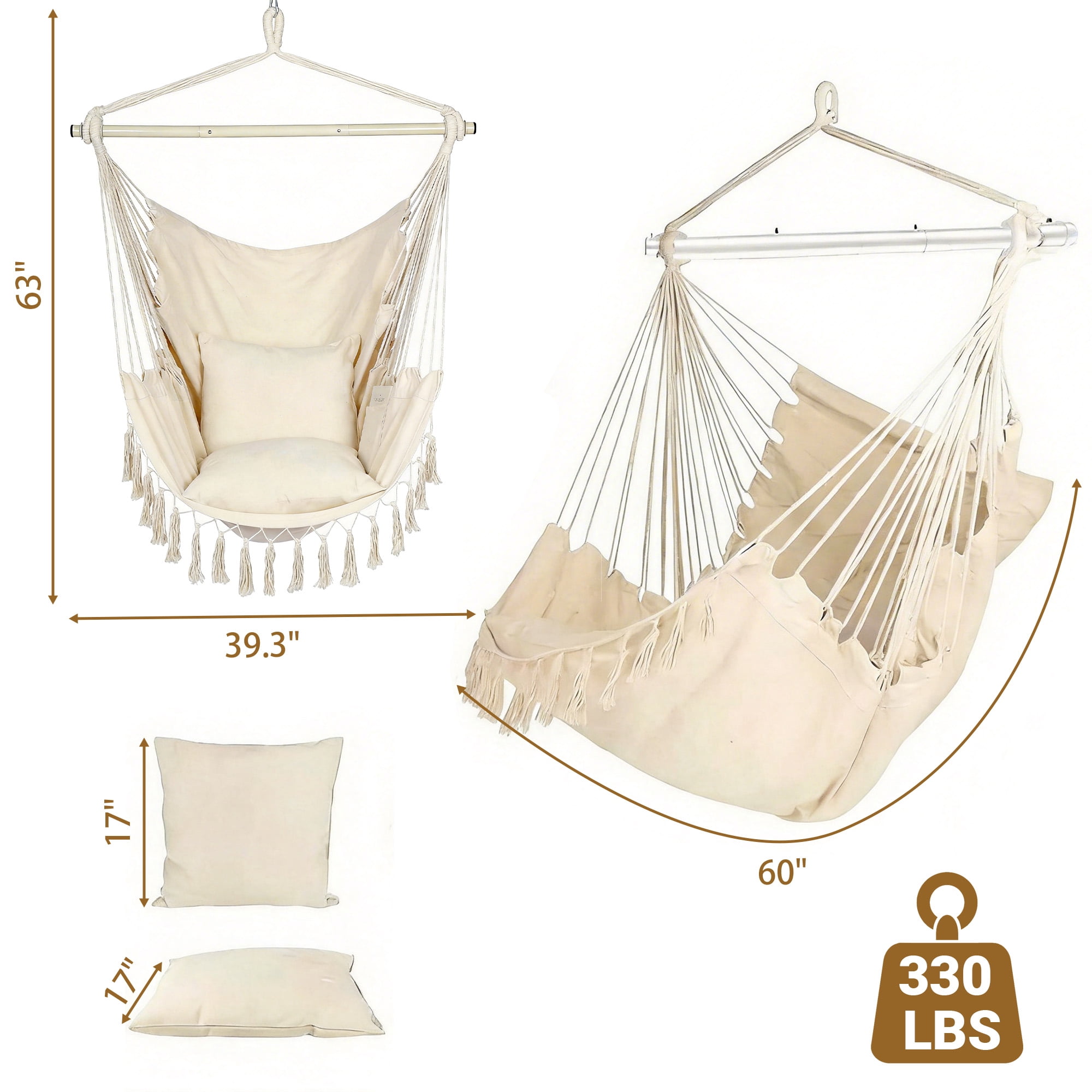 GARITIN Hammock Chair Swing, Cotton Hanging Chair with Detachable Metal Bar & Cushions, Indoor Outdoor Swing Chair for Patio Porch Bedroom