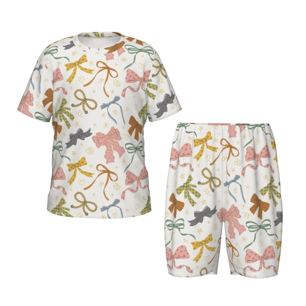 Balery Colorful Bow Knots1 Conjunto de Pijama Infantil de Manga Corta con Estampado – Ropa de Dormir de Algodón Suave-Large