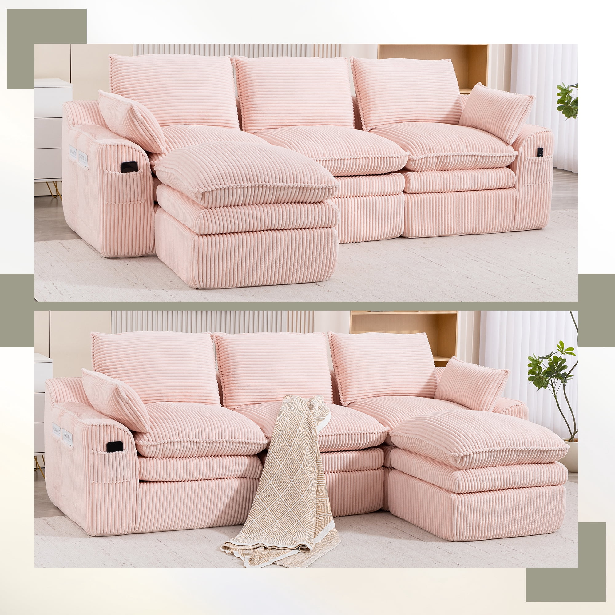 104" Modern Modular L-Shaped Sectional Cloud Sofa, Compressed Corduroy Floor Couch with Movable Ottoman