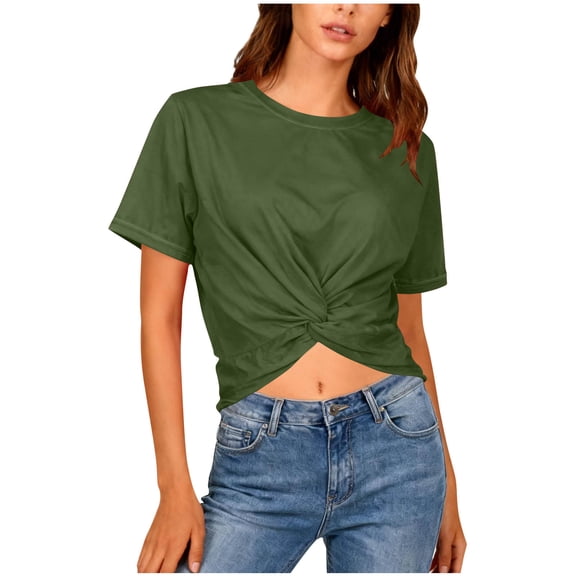 Womens Crop Tops Short Sleeve Round Neck Pullover T - Shirts Summer Fashion Twist Front Tees,Green,S