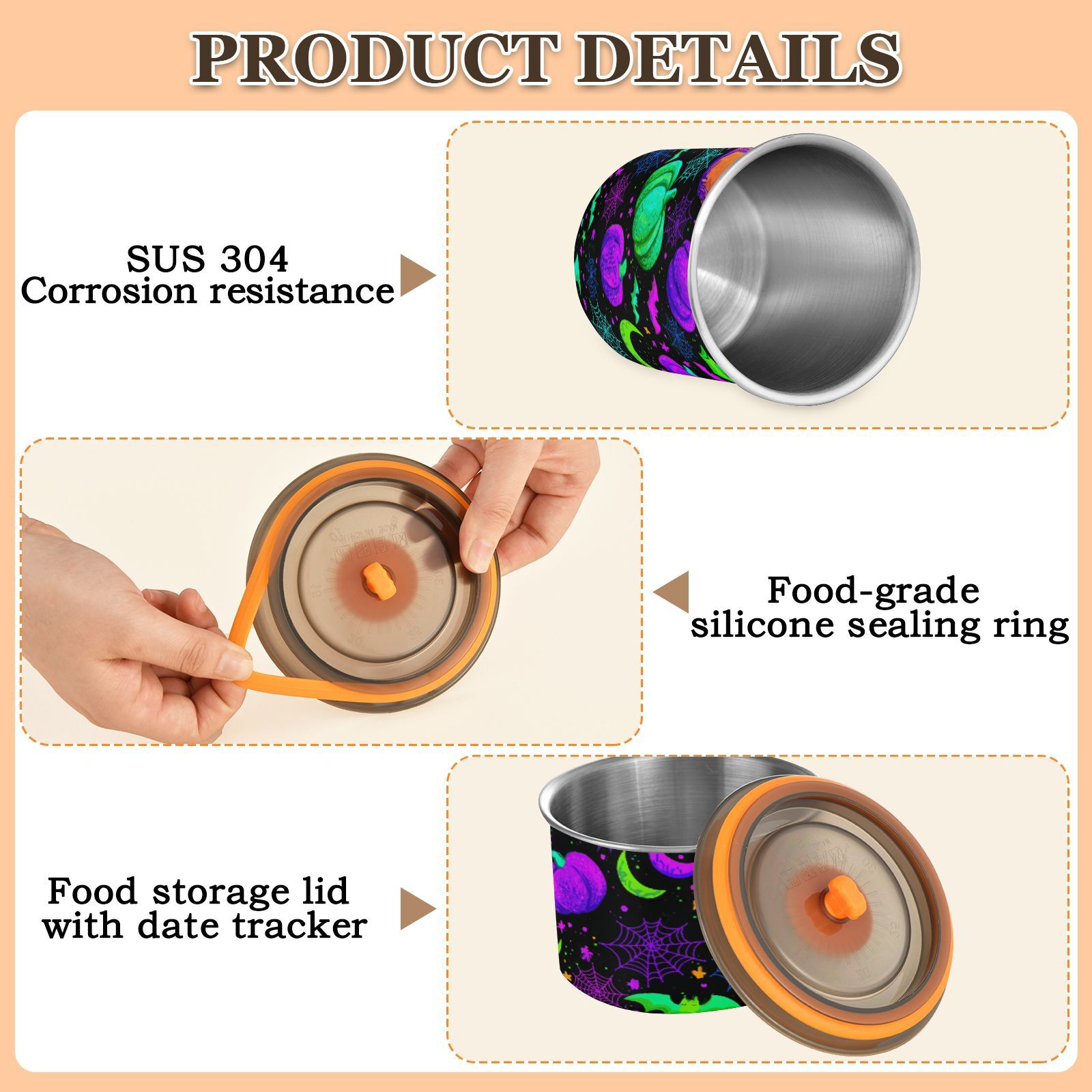 Pumpkin Spider Web Halloween Airtight Coffee Bean Canister 900 ml Food Storage Containers with Lids For Gournd, Tea, Sugar, Flour, Rice, Cereal, Candy Cookie Jar