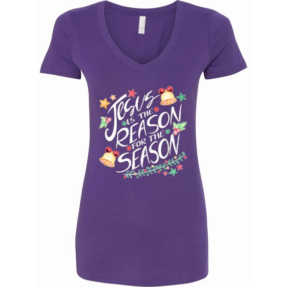 Inktastic Jesus is the Reason for the Season Christmas Bells and Stars Women's V-Neck T-Shirt
