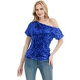 thumbnail image 1 of Womens Short Sleeve One Shoulder Sparkly Glitter Sequin Top Shirt, 1 of 5