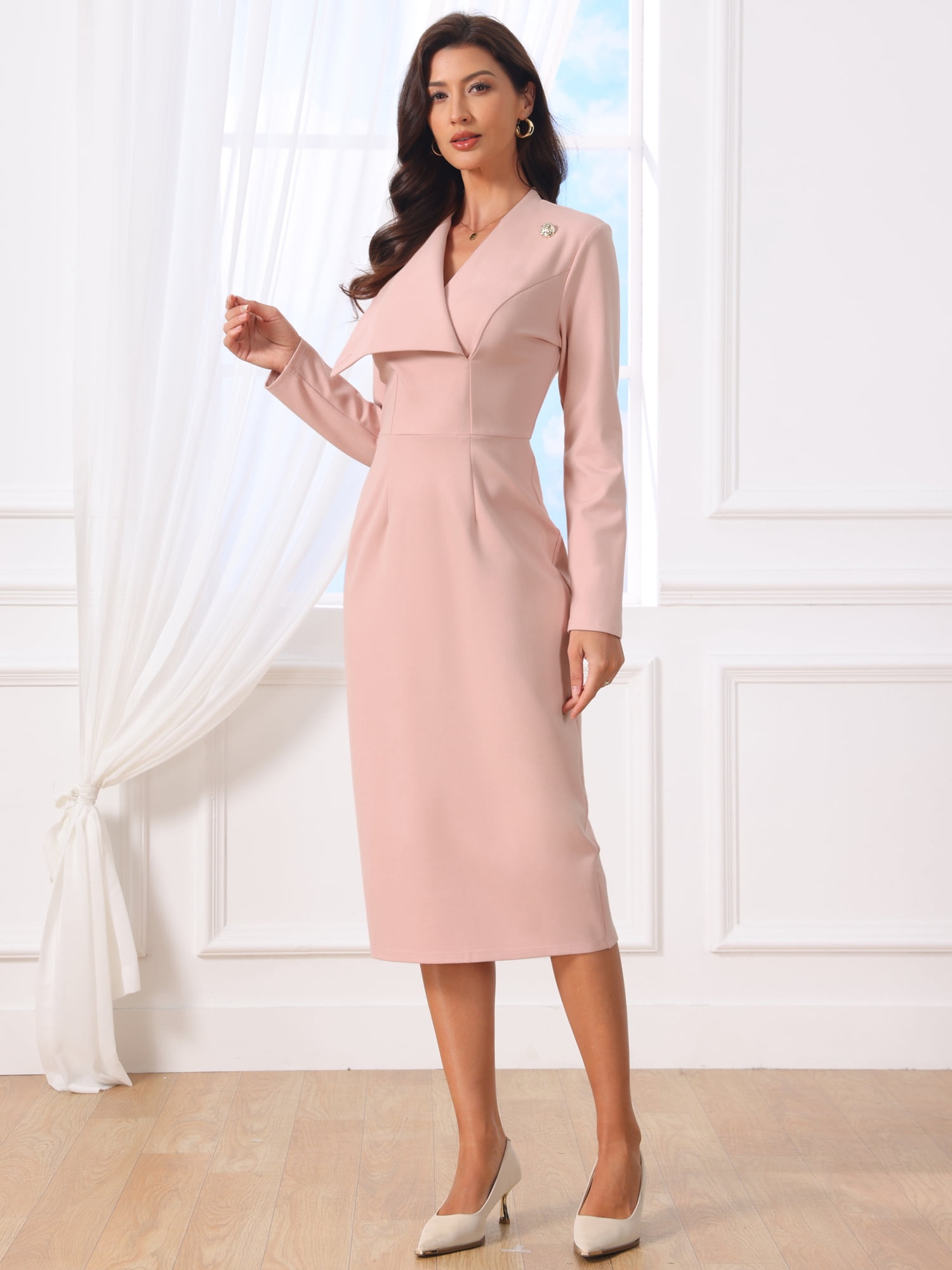 DARING DIVA Women's Elegant Pencil Dress Lapel V Neck Long Sleeve Dress 2XL Pink