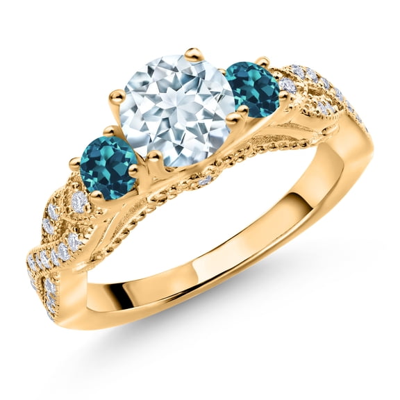 Gem Stone King 18K Yellow Gold Plated Silver Sky Blue Aquamarine London Blue Topaz and White Moissanite Engagement Ring for Women (1.28 Cttw, Gemstone March Birthstone, Round 6MM and 3MM, Size 9)