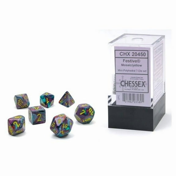 Chessex CHX20450 Cube Mini Festive Dice, Mosaic with Yellow Numbers - Set of 7