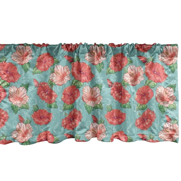 Ambesonne Hibiscus Window Valance, Tropic Flowers and Bubbles, 54" X 12", Teal Coral