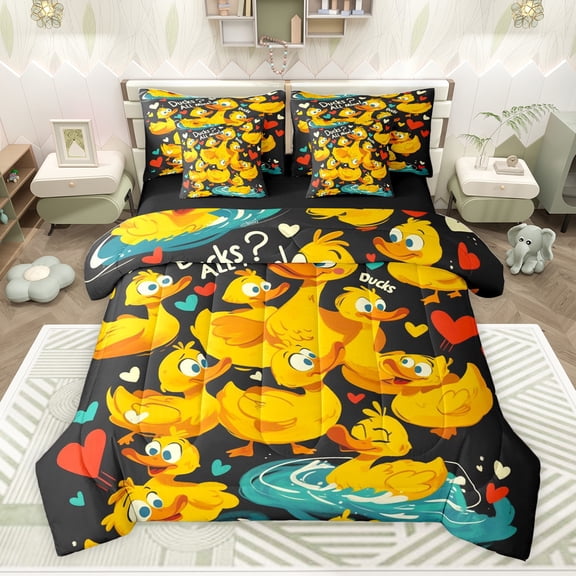 Feelyou Kawaii Cartoon Duck Bedding Comforter Set 7 Pieces, Cute Summer Animal Full Bedding Set, Teens Kids Boys Girls Reversible Fitted Sheet Flat Sheet, Lightweight Room Decor