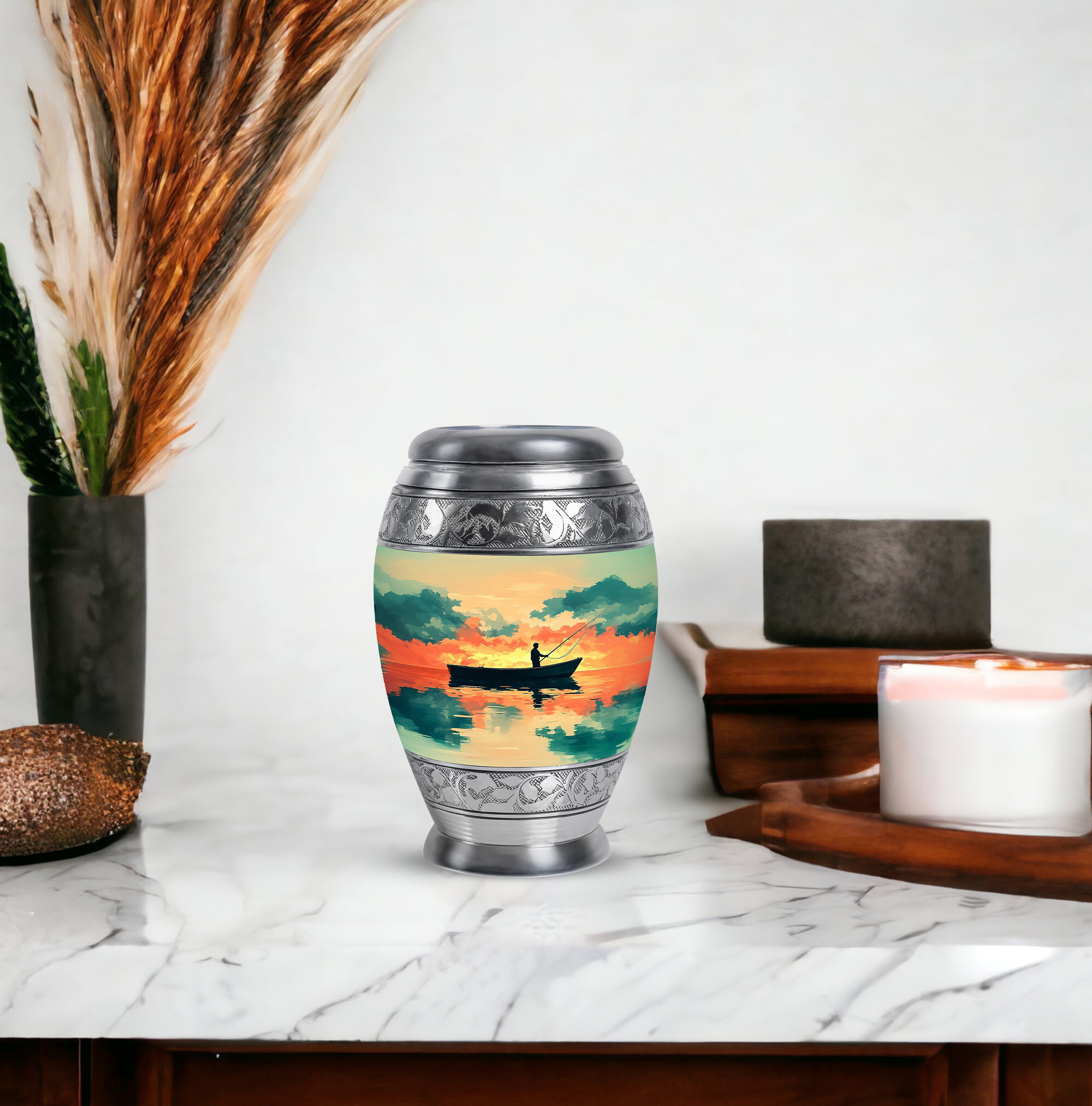 JAGASY Fishing Small Urn for Sister - Golden Urn for Ashes Adult Male & Female - Sunset Clouds Water Boat Decorative Urns - Mini Cremation Urns for Human Ashes keepsake - (3 Inch)