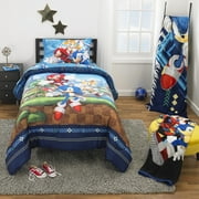 Sonic the Hedgehog Kids 4 Piece Blue Reversible Comforter, Bed in a Bag, Twin